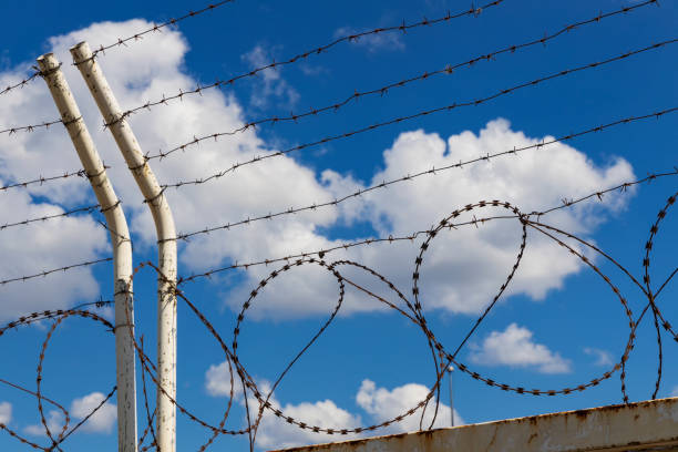 istock Several types of barbed wire are placed on poles and a fence 1326951813