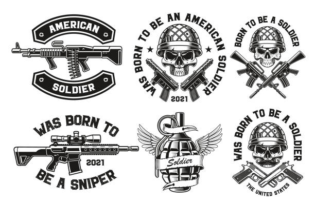 набор векторных иллюстраций для военной темы - bullet ammunition rifle gun stock illustrations