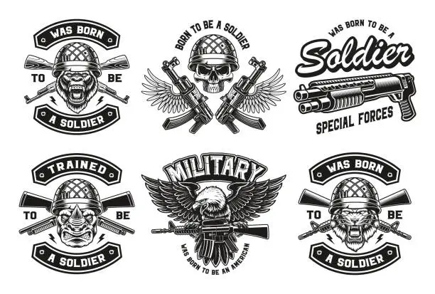 Vector illustration of a set of vintage vector military illustrations