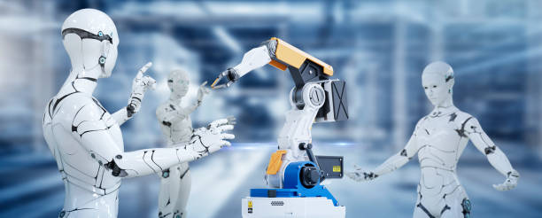 istock 3D Humanoid robot and robot arm working automated in factory futuristic modern tech. Future digital technology AI artificial intelligence in industrial factory production line concept. 1326953164