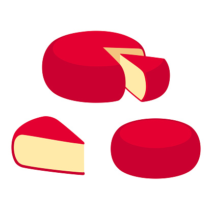 Cartoon Edam cheese with red wax rind. Triangle piece cut out of round cheese wheel. Isolated vector clip art illustration set.