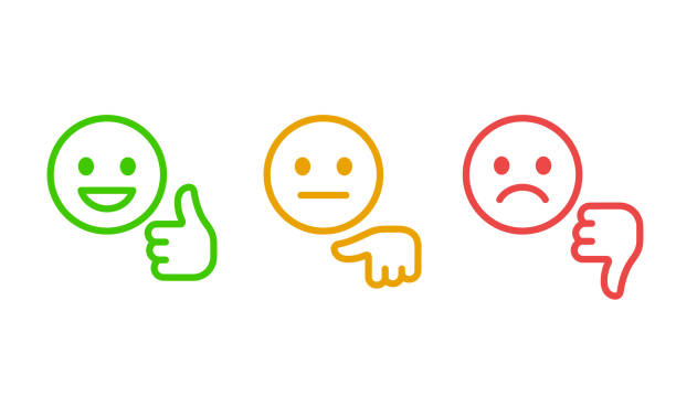 Smiley face feedback rating icons Customer satisfaction rating scale, smiley face with thumbs up and down. Positive and negative feedback button. Line vector icons. satisfaction stock illustrations