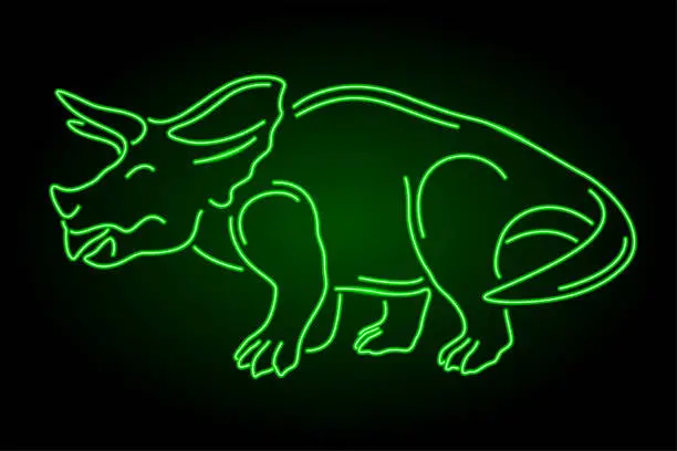 Vector illustration of Line art with neon green shiny triceratops
