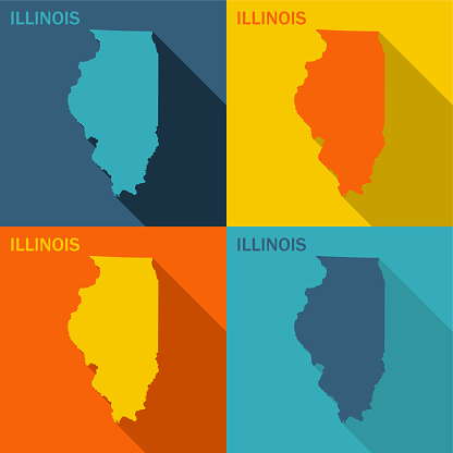 Illinois flat map with long shadow available in four colors