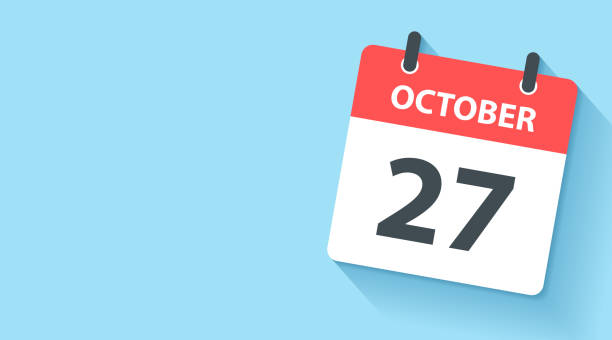 October 27 - Daily Calendar Icon in flat design style October 27. Calendar Icon with long shadow in a Flat Design style. Daily calendar isolated on a wide blue background. Horizontal composition with copy space. Vector Illustration (EPS10, well layered and grouped). Easy to edit, manipulate, resize or colorize. Vector and Jpeg file in different sizes. number 27 stock illustrations