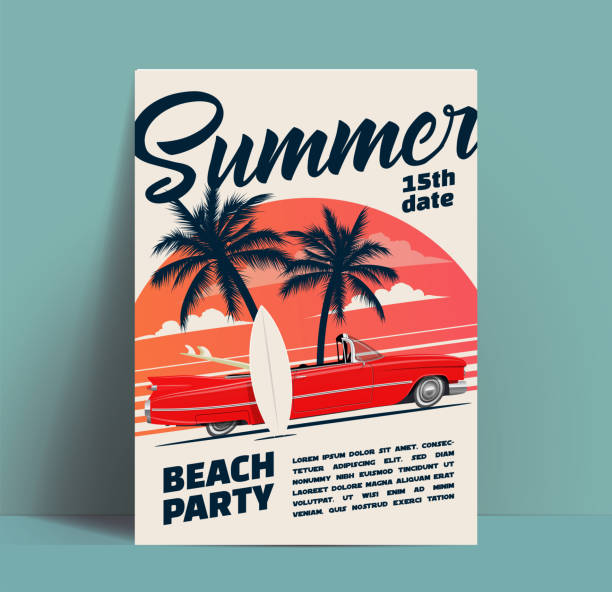 일몰 배경에 서핑 보드와 만화 복고풍 카브리올레 자동차 여름 해변 파티 포스터 또는 전단지 또는 초대 디자인 템플릿. 벡터 일러스트레이션 - text surfing surf palm tree stock illustrations