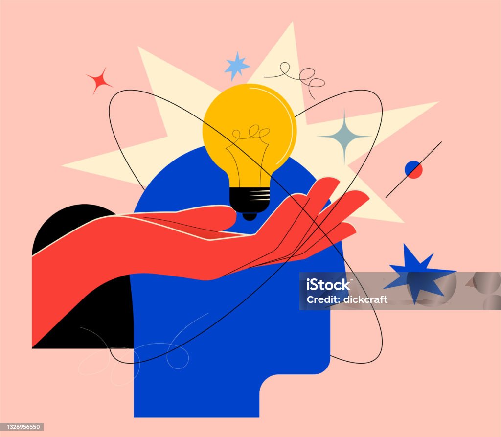 Kreativer Geist oder Brainstorming oder kreatives Ideenkonzept mit abstrakter menschlicher Kopfsilhouette und Handhaltelampe umgab abstrakte geometrische Formen in hellen Farben. Vektor-Illustration - Lizenzfrei Illustration Vektorgrafik Kreativer Geist oder Brainstorming oder kreatives Ideenkonzept mit abstrakter menschlicher Kopfsilhouette und Handhaltelampe umgab abstrakte geometrische Formen in hellen Farben. Vektor-Illustration - Lizenzfrei Illustration Vektorgrafik