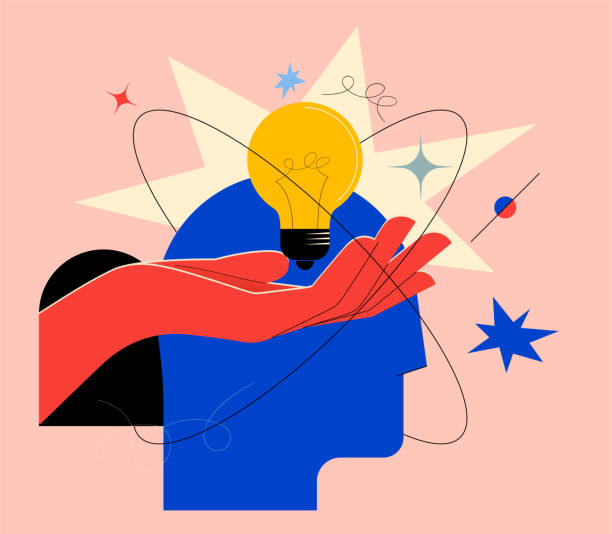 creative mind or brainstorm or creative idea concept with abstract human head silhouette and hand holding bulb lamp surrounded abstract geometric shapes in bright colors. vector illustration - 策略 插圖 幅插畫檔、美工圖案、卡通及圖標