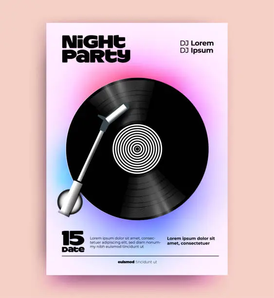 Vector illustration of Night dj music party poster or flyer design template with realistic vinyl disk on abstract gradient background and typographic composition. Vector illustration