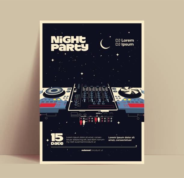 illustrazioni stock, clip art, cartoni animati e icone di tendenza di volantino per feste di musica notturna o modello di design di poster o banner per night club con dj mixer su sfondo notturno stellato. illustrazione vettoriale in stile vintage - techno