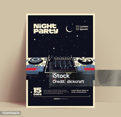 istock Night music party flyer or poster or banner design template for night club with DJ Mixer on starry night background. Vintage styled vector illustration 1326956624