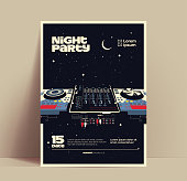 Night music party flyer or poster or banner design template for night club with DJ Mixer on starry night background. Vintage styled vector eps 10 illustration