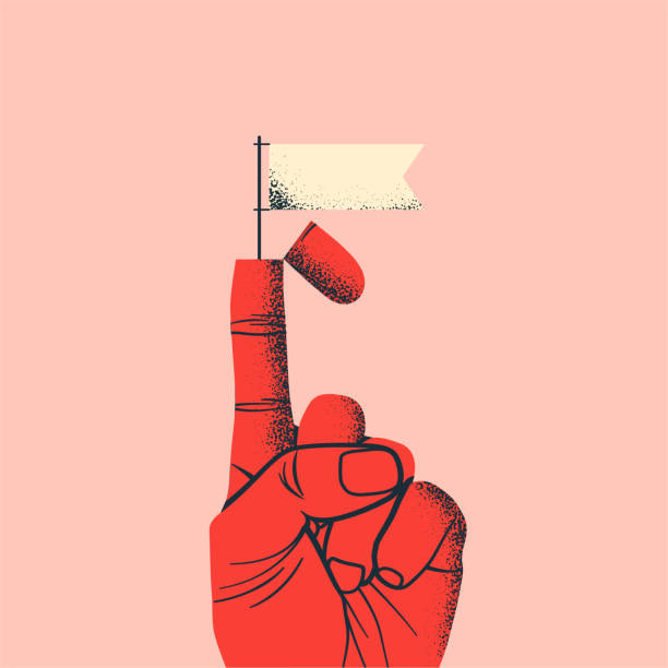 деловые переговоры или концепция перемирия с поднятой красной рукой с белым флагом, выходят из открытого указательного пальца. иллюстраци� - symbols of peace illustrations stock illustrations