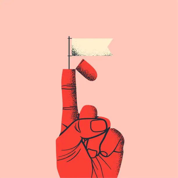 Vector illustration of Business negotiations or truce concept with raised red hand with white flag coming out of opened forefinger. Vector illustration