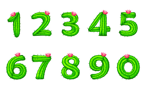 Cartoon cactus with flower font kids numbers for school ui. Vector illustration set of green nature figures of plants.