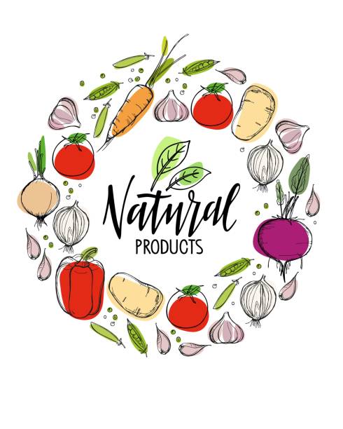 ilustrações de stock, clip art, desenhos animados e ícones de natural products lettering logo in vegetables frame. organic food printing poster with round decorative frame consisting. vector sketch with bright spots for menu, farmers market, organic food store. - organic spice