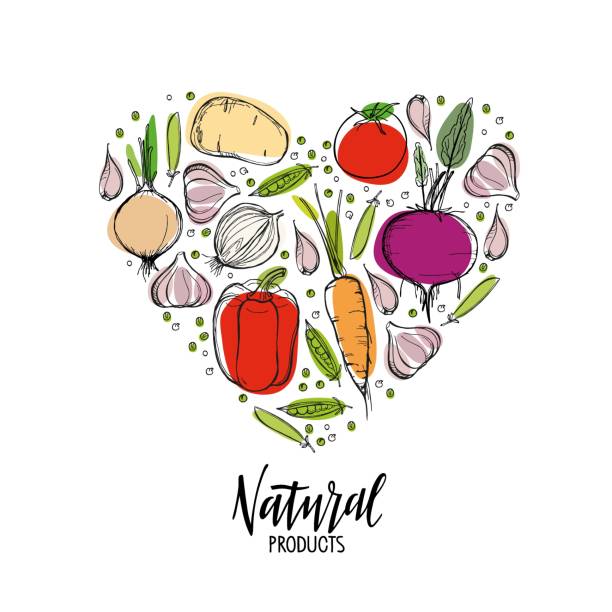 Natural products lettering and Vegetable ingredients background in shape of heart. Organic food printing poster decorative Vector sketch With bright spots for menu, farmers market, organic food store. Natural products lettering and Vegetable ingredients background in shape of heart. Organic food printing poster decorative Vector sketch With bright spots for menu, farmers market, organic food store supermarket drawings stock illustrations