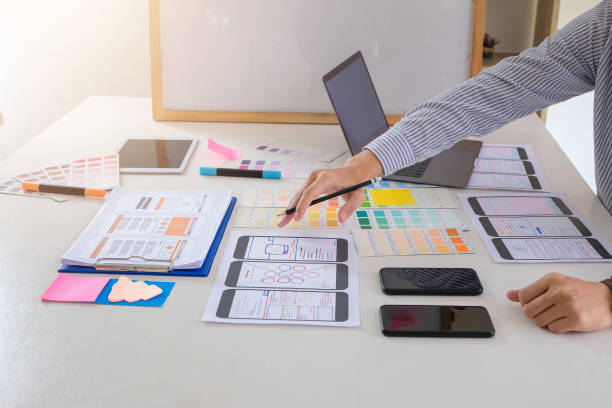 istock Ux ui designers come up with new ideas in layout design mobile Internet software at the office. 1326961075