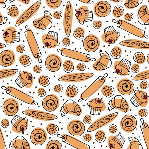 ilustrações, clipart, desenhos animados e ícones de cozimento padrão sem emenda. esboce vários doces para papel digital, tecido têxtil, embalagem. sobremesas cook, bake shop pastel frame. doce cupcake de comida assada, pão, pão, biscoitos, croissant e rolo. - sweet food pastry snack baked