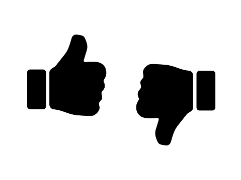 Black simple evaluation icons. Thumbs up and thumbs down. Rate work - like or dislike. Icon for social networks, for business communication, positive and negative rating button. Isolated sign, symbol.
