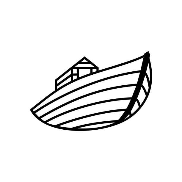 logo von noahs arche. schiff zur rettung von tieren und menschen vor der sintflut. biblische illustration. - dormant volcano illustrations stock-grafiken, -clipart, -cartoons und -symbole