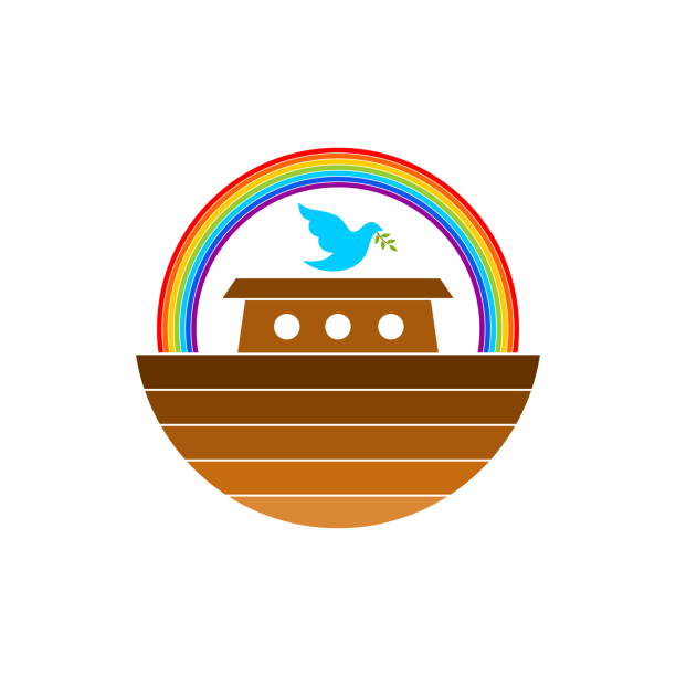 ilustrações de stock, clip art, desenhos animados e ícones de logo of noah's ark. rainbow - a symbol of the covenant. dove with a branch of olive. ship to rescue animals and people from the flood. biblical illustration. - dormant volcano illustrations