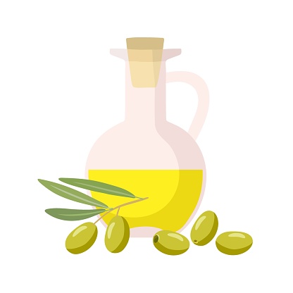Olive Oil Bottle and olive. Yellow oil in container. Overhead view of green branch with berries for Mediterranean or vegan diet. Flat design isolated element for menu, poster, label, packaging