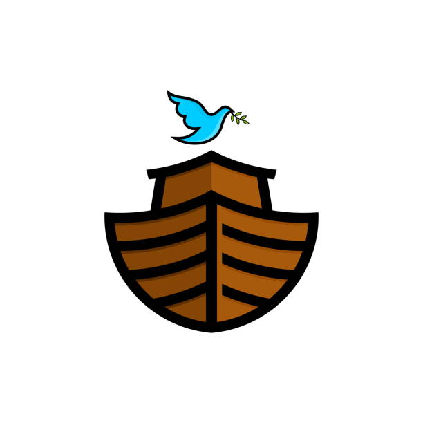 ilustrações de stock, clip art, desenhos animados e ícones de logo of noah's ark. dove with a branch of olive. ship to rescue animals and people from the flood. biblical illustration. - dormant volcano illustrations