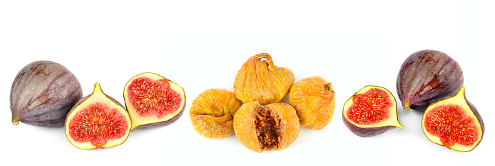 Fresh and dried figs isolated on white background. collage. Wide photo.