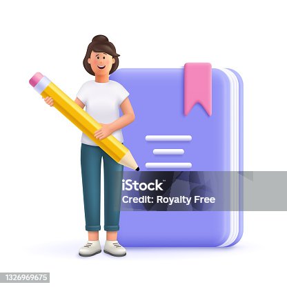 istock Young woman Jane holding pen front of huge book. Prepare to examination, make homework, read and learn. Education, university, college concept. 3d vector people character illustration. 1326969675