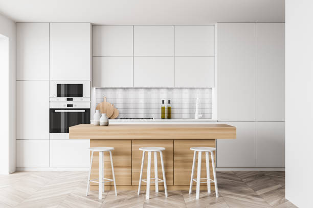 istock White kitchen interior with table and chairs on parquet floor 1326979259