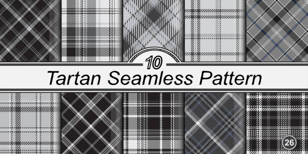 Tartan pattern set. Tartan pattern set. Abstract black and white plaid seamless background. Straight and oblique scottish cage. Vector graphics printing on fabrics, shirts and textiles. tsp stock illustrations