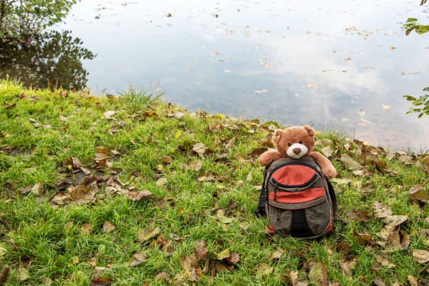 Small backpack with funny brown teddy bear lost on riverbank covered with green grass and dry leaves in autumn park on nice day