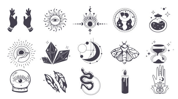 Hand drawn set of celestial bodies and mystic magical elements Crystal, butterfly, hourglass, candle, sun in boho style. Esoteric element pack design. Perfect for tattoo, textile, cards,mystery.Vector Hand drawn set of celestial bodies and mystic magical elements Crystal, butterfly, hourglass, candle, sun in boho style. Esoteric element pack design. witch eyes stock illustrations