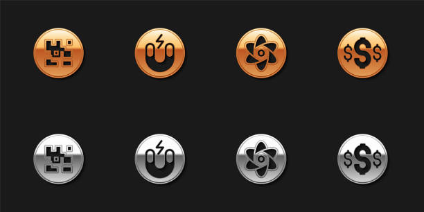установите код, магнит, пробирку и колбу и значок символа доллара. вектор - magnet currency love at first sight gold stock illustrations