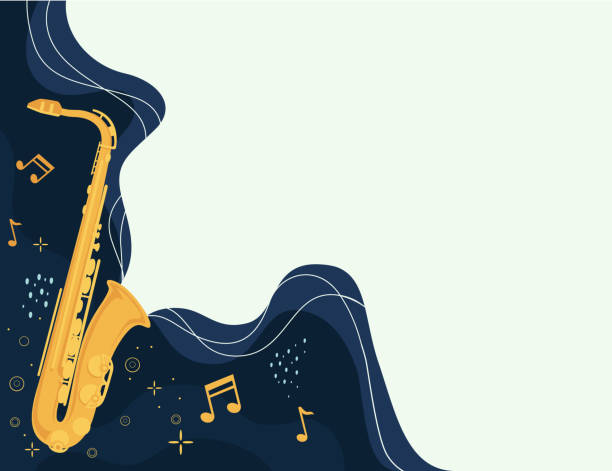 흐르는 음악 노트 플랫 벡터 일러스트와 색소폰 악기 - jazz trumpet stock illustrations