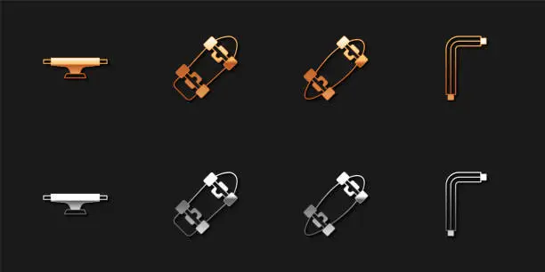 Vector illustration of Set Skateboard wheel, , Longboard or skateboard and Tool allen keys icon. Vector