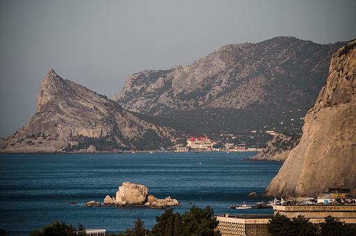 Sudak, Crimea. Embankment of Sudak. Black sea coast with beaches, Aerial View