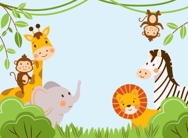 ilustraciones, imágenes clip art, dibujos animados e iconos de stock de grupo de niños africanos animales en la ilustración del vector de la selva tropical - cartoon monkey animal tree