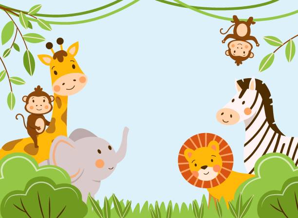 grupa afrykańskich zwierząt dziecięcych na ilustracji wektorowej lasu deszczowego - cartoon monkey animal tree stock illustrations