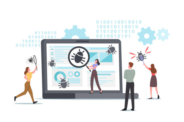 Tiny Characters Debugging Firewall. Antivirus Scanning, Malware Fixing, Virus Attack, Trojan Search, Bugs Detection Tiny Characters Debugging Firewall. Antivirus Scanning, Malware Fixing, Virus Attack, Trojan Search, Bugs Detection. System Protection. People Threat Diagnostic Crash Test. Cartoon Vector Illustration threat assessment stock illustrations