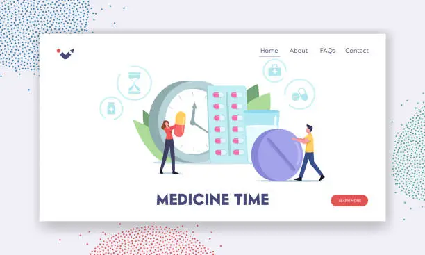 Vector illustration of Medicine Time Landing Page Template. Medicament Prescription, Health Care. Tiny Characters with Huge Pill and Tablet