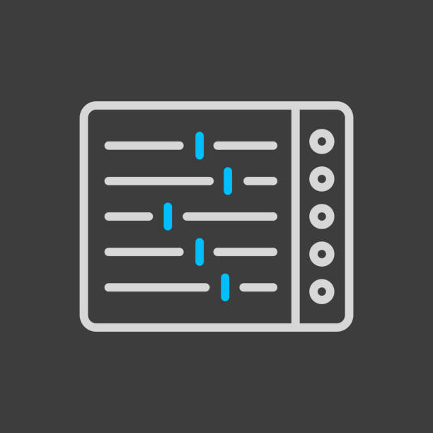 illustrations, cliparts, dessins animés et icônes de icône vectorielle de mélange de console sur fond sombre - faders