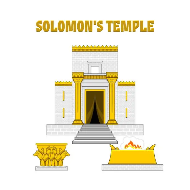Vector illustration of Temple of King Solomon. In front of the temple there is an altar and a copper sea standing on bulls.
