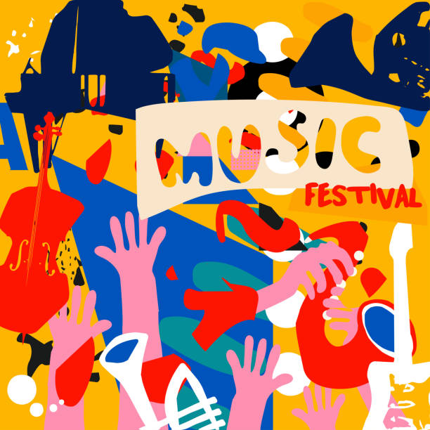 istock Music promotional poster with musical instruments colorful vector illustration. Violoncello, piano, trumpet, guitar, sax, French horn for live concert events, music festivals and shows, party flyer 1326992793