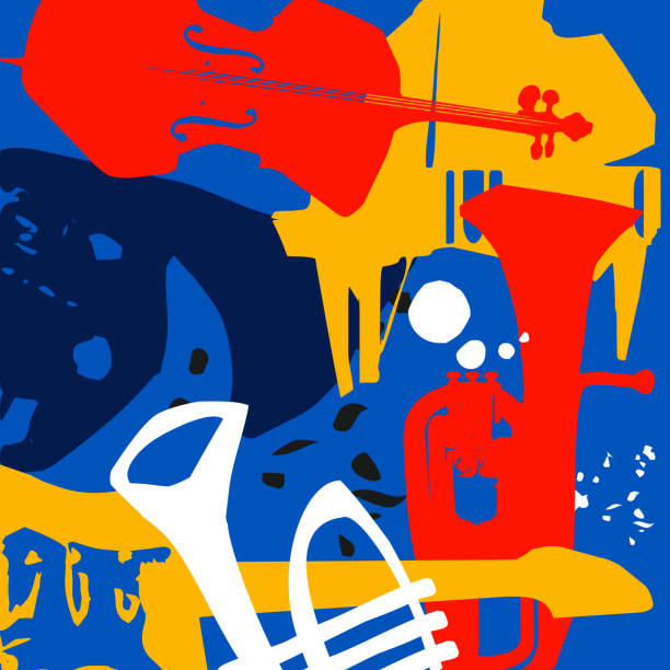 muzyczny plakat promocyjny z instrumentami muzycznymi kolorowa ilustracja wektorowa. violoncello, fortepian, eufonium, trąbka, gitara na koncerty na żywo, festiwale muzyki jazzowej i pokazy, ulotka imprezowa - jazz trumpet nightclub entertainment club stock illustrations