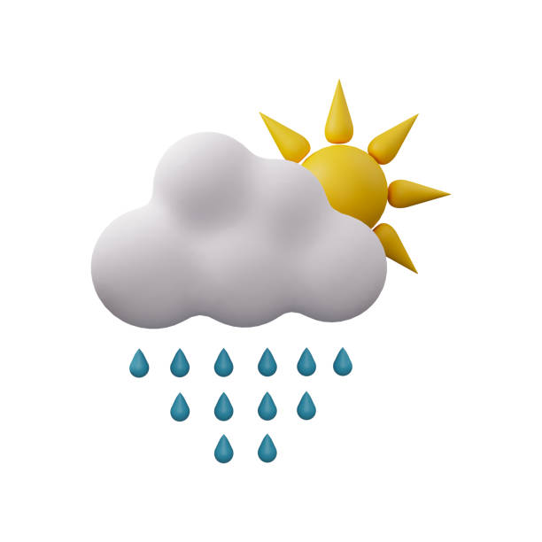 istock Raining cloud with sun 3D illustration isolated on white background. 3D icon of cloud with raind drops and sun 1326992881