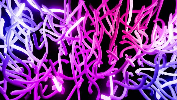 istock 3d render. 3d abstract background with neon light, multicolored flashes of light bulbs of unusual shapes. Curved lines flash bright. Motion design bg. blue red gradient 1326993542