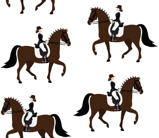 平らな色の手描きの女性の女の子乗馬馬馬のベクトルシームレスなパターン - equestrian event flat racing horse racing people点のイラスト素材／クリップアート素材／マンガ素材／アイコン素材