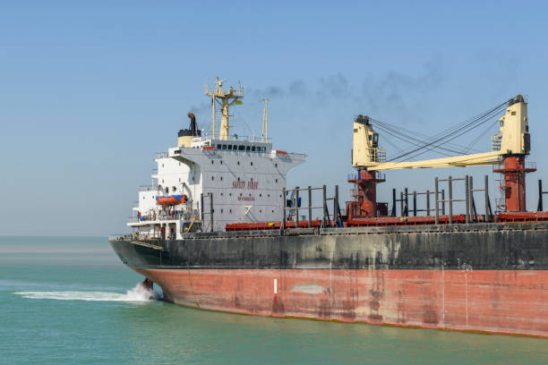 Bulk carrier vessel. View from side. Bulker. Dry cargo ship. stock photo